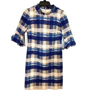 Sara Campbell Size 12  Blue Plaid Shift Dress Lined Cotton Blend Flutter Fringe